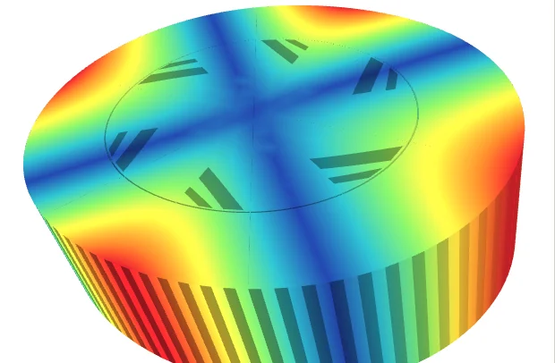 Deflection field over a stator body under radial magnetic force, showing a four-lobed deformation pattern.