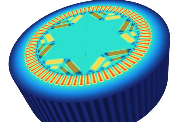Three-dimensional temperature field resolved on a full machine geometry, with hot slots ringing a cooler rotor core.